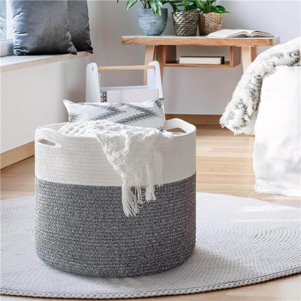Large Cotton Rope Basket 15.8"x15.8"x13.8"Baby Laundry Woven Blanket Nursery Bin - Picture 6 of 7